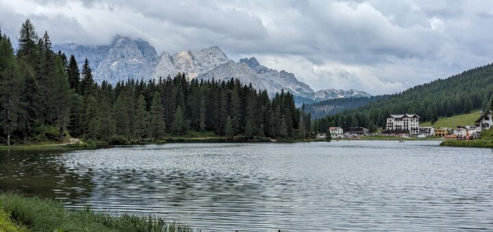 Ducks on Lake Misurina, with mountains in the distance
